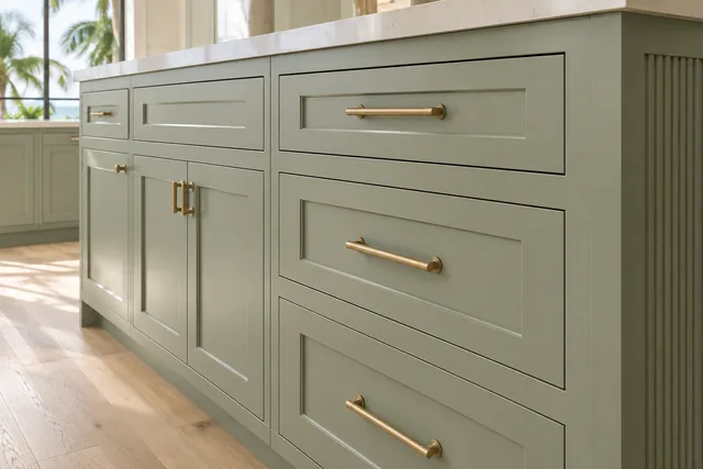 Close-up of sage cabinet panels and brass hardware