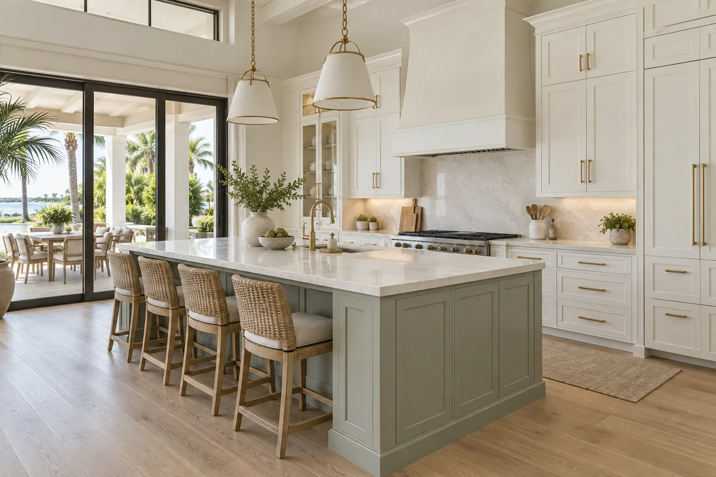 Light-filled kitchen with white cabinetry and a soft sage island