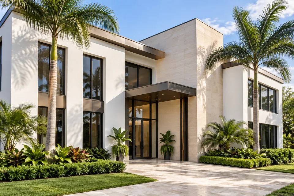 Light-toned Florida office exterior framed by palms and tropical planting