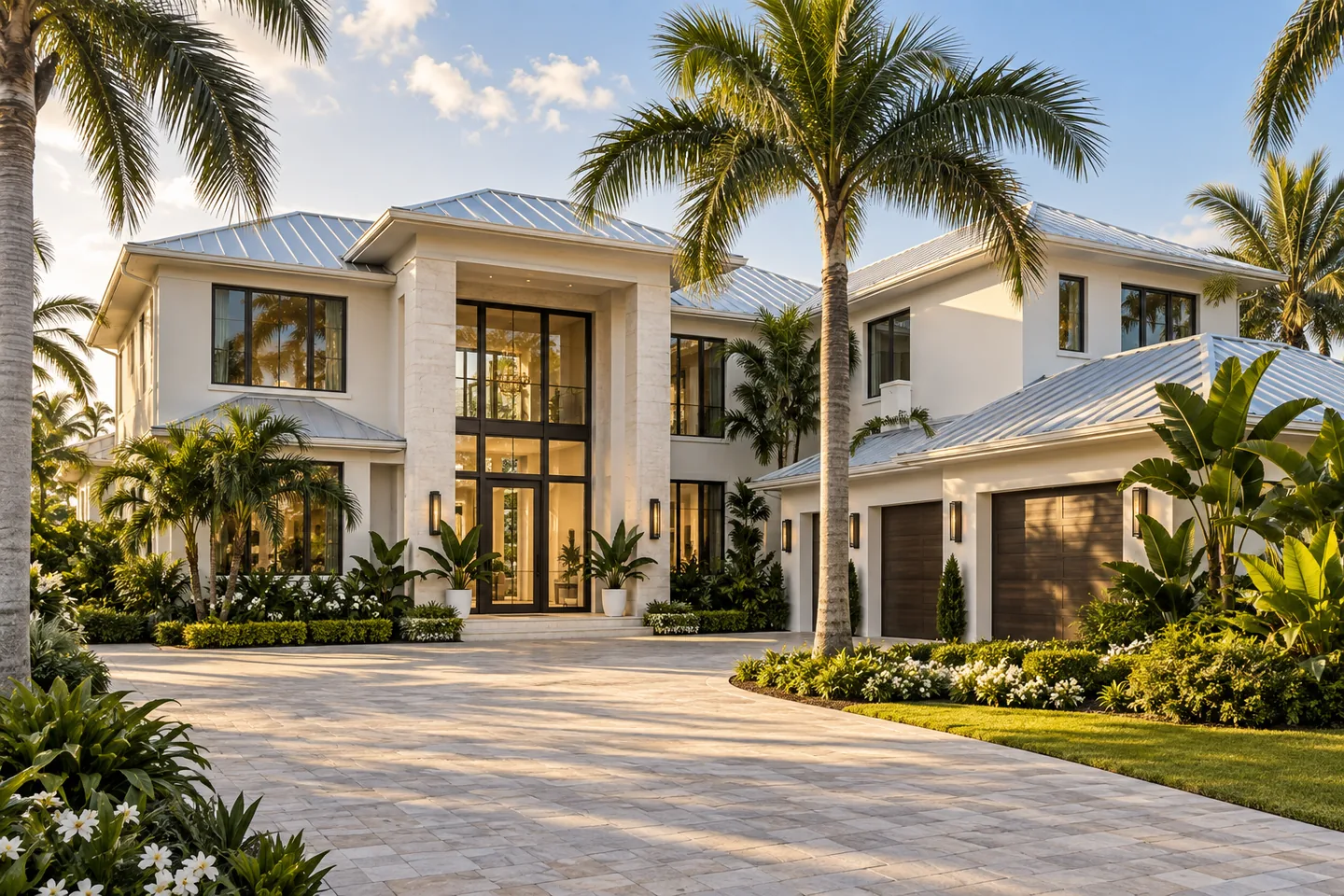 White coastal home framed by palms and soft Florida light