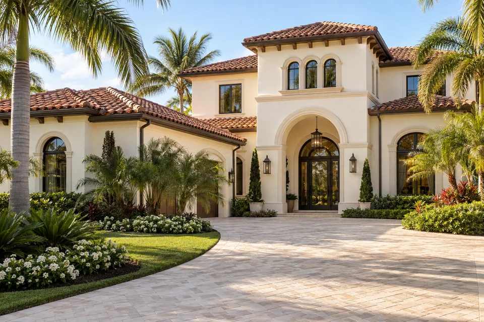 Cream Mediterranean-style home with warm terracotta roof and palm trees
