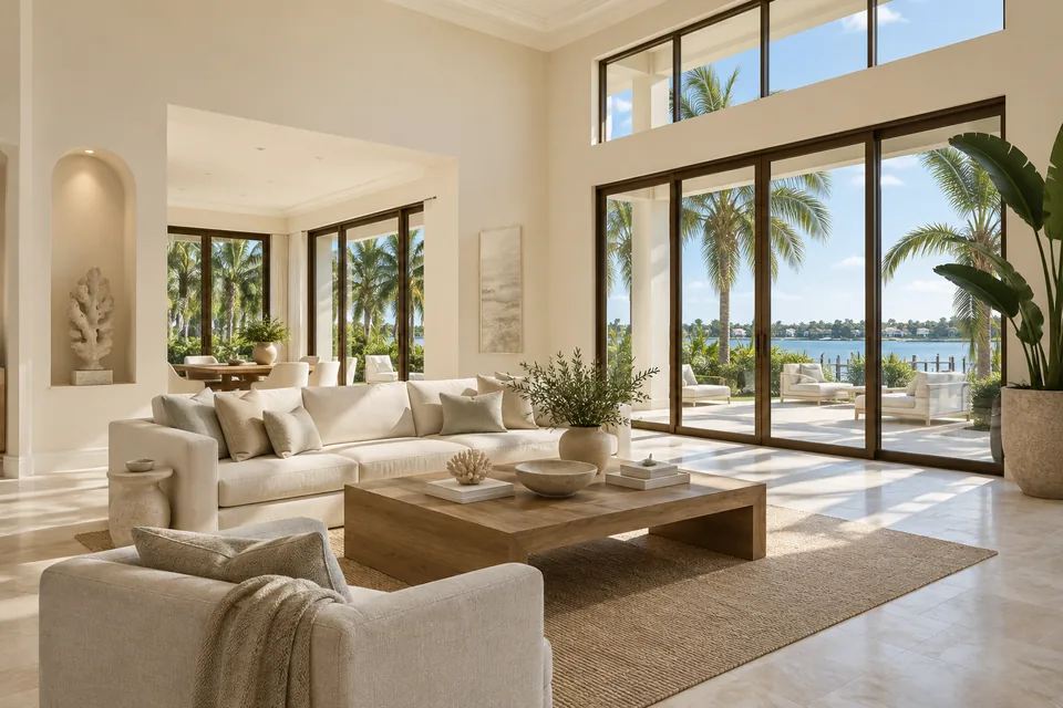Bright living room with soft ivory walls and painted trim